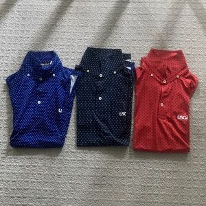 Three RLX Ralph Lauren Polos in Blue, Navy, and Red - M